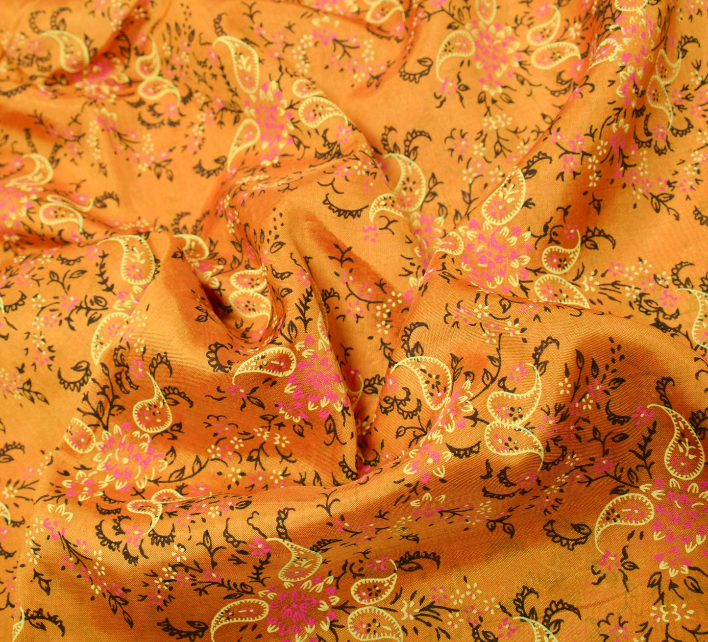 Sushila Vintage Mustard Scrap Saree Pure Mulberry Silk Printed Woven Sari Fabric