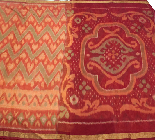 Sushila Vintage Peach Scrap Saree Pure Cotton Silk Pochampally Ikat Sari Fabric