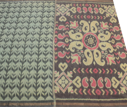 Sushila Vintage Green Black Scrap Saree Hand Woven Ikat Cotton Silk Sari Fabric