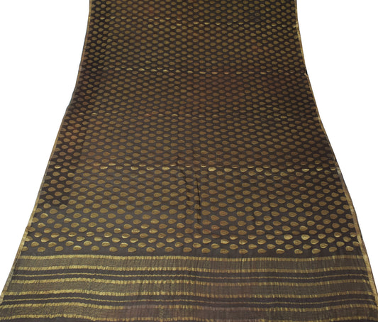 Sushila Vintage Dark Brown Scrap Saree Woven Pure Georgette Silk 5YD Sari Fabric