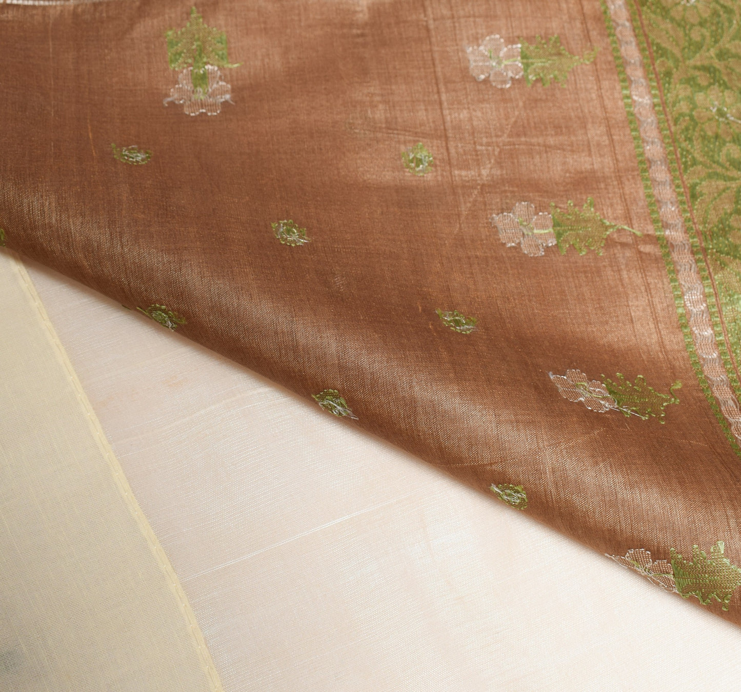 Sushila Vintage Beige Scrap Saree Hand Woven Floral Pure Silk Sari Craft Fabric