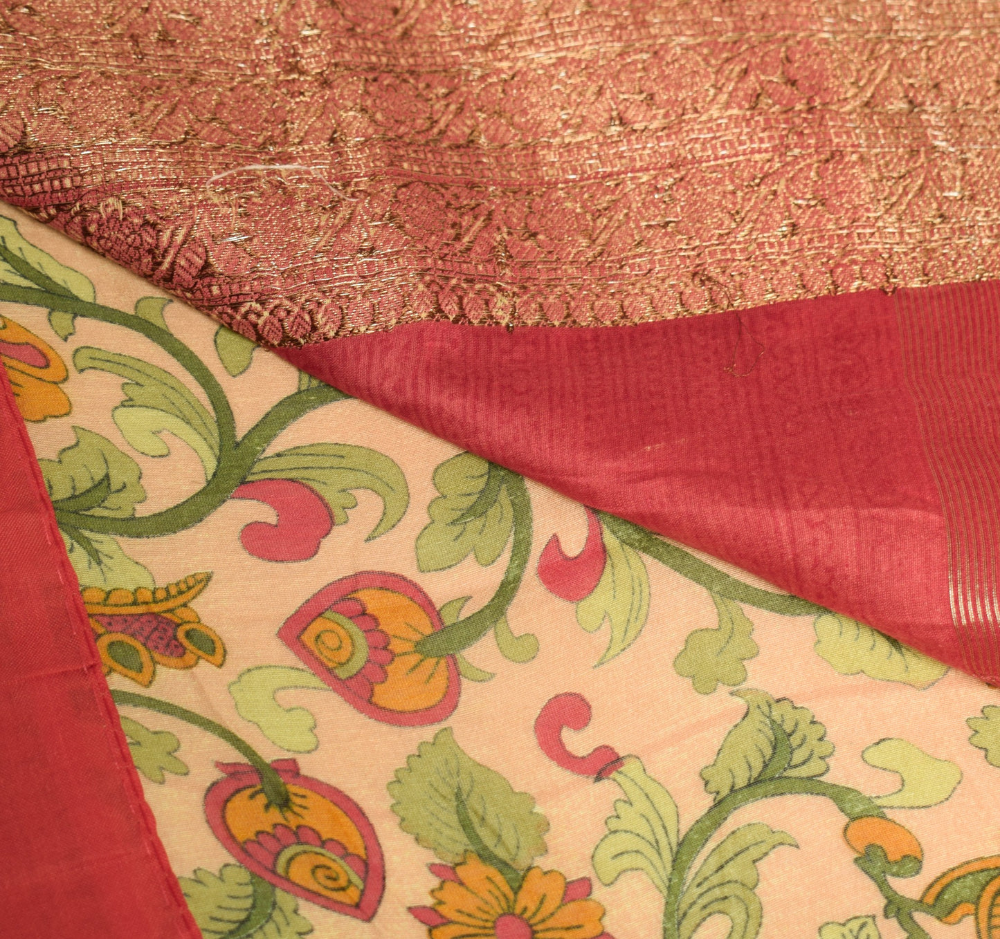 Sushila Vintage Brown Scrap Saree Pure Cotton Silk kalamkari Printed Sari Fabric