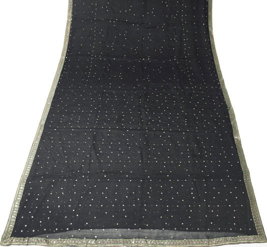 Sushila Vintage Black Scrap Saree Pure Georgette Mukesh Work Sari Craft Fabric