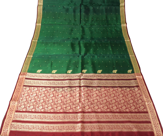 Sushila Vintage Green Pure Silk Scrap Saree Woven Maroon Border 5 YD Sari Fabric