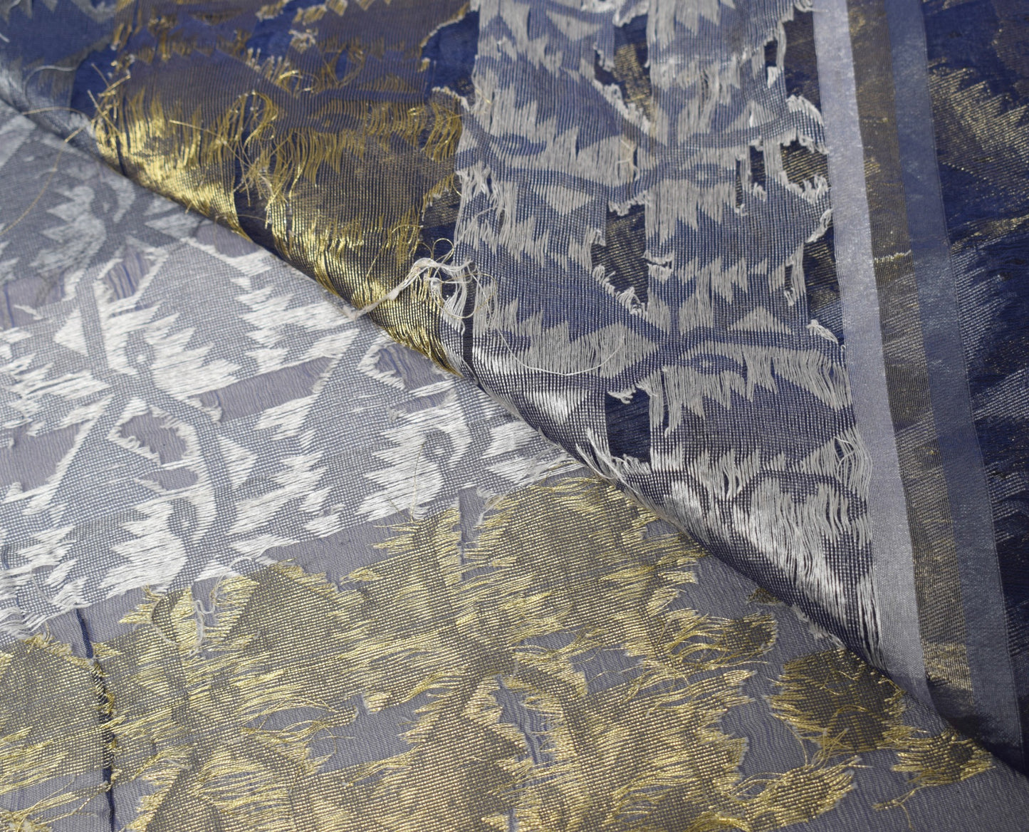 Sushila Vintage Blue Scrap Sari Handloom Art Organza Jamdani Woven Saree Fabric