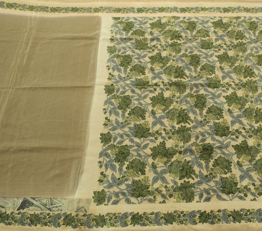 Sushila Vintage Green Scrap Saree Pure Crepe Silk Printed Floral Sari Fabric