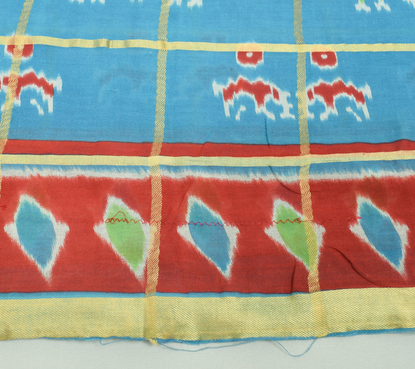 Sushila Vintage Aqua Blue Scrap Saree 100% Pure Cotton Ikat Printed Sari Fabric