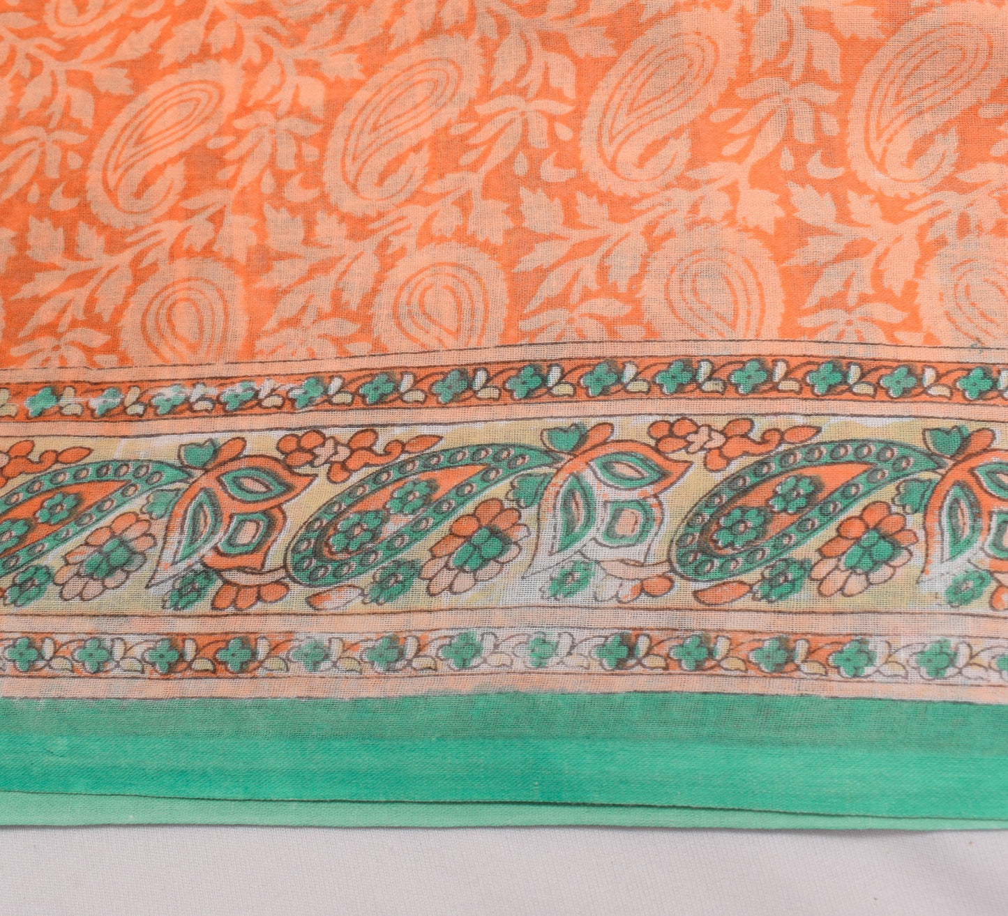 Sushila Vintage Dark Peach Scrap Saree Pure Cotton Printed Paisley Sari Fabric