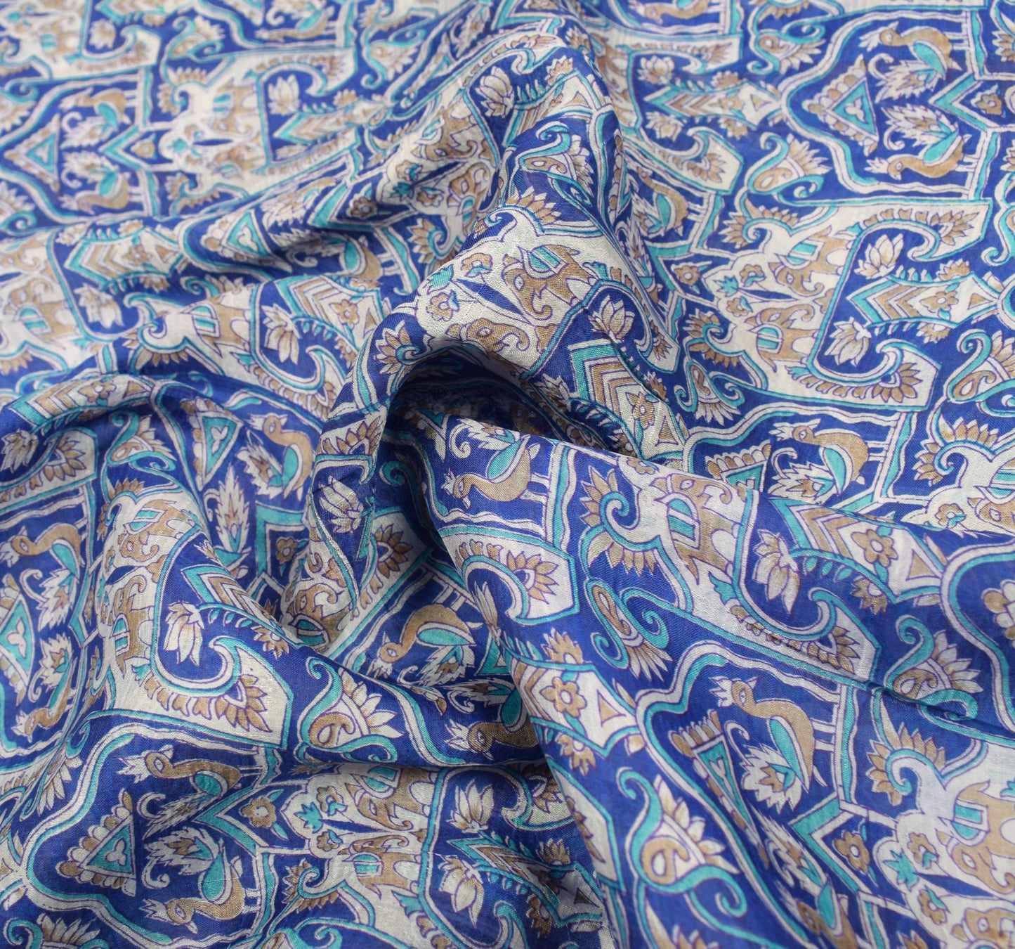 Sushila Vintage Blue Scrap Saree Pure Silk Printed Animal Bird Sari Craft Fabric