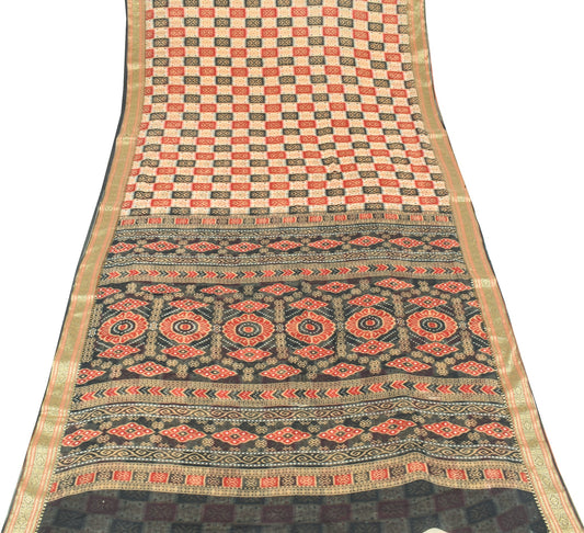 Sushila Vintage Scrap Saree Pure Cotton Check Printed Woven Border Sari Fabric