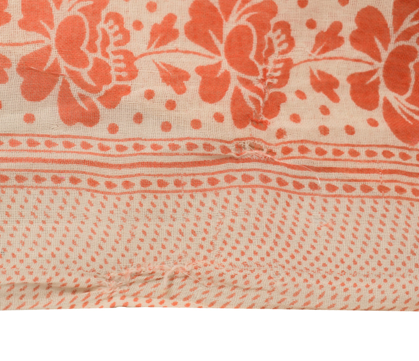 Sushila Vintage Scrap Saree Orange Floral Pure Cotton Printed Sari Craft Fabric