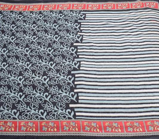 Sushila Vintage Craft Scrap Saree Pure Cotton Printed Floral Black Sari Fabric