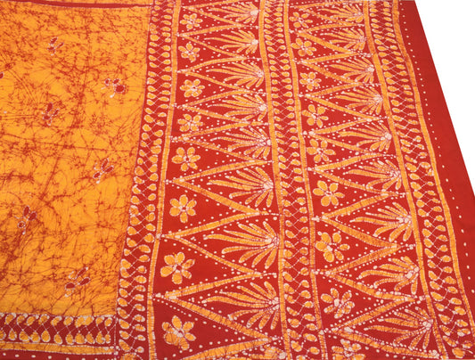 Sushila Vintage Orange Scrap Saree Pure Cotton Batik Printed Sari Remnant Fabric