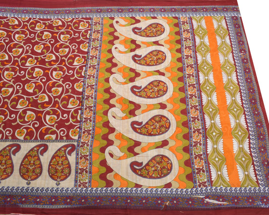 Sushila Vintage Maroon Scrap Saree Pure Cotton Printed Floral Sari Craft Fabric