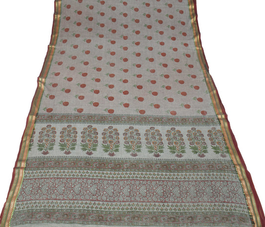 Sushila Vintage Gray Scrap Saree Pure Cotton Print with Woven Border Sari Fabric