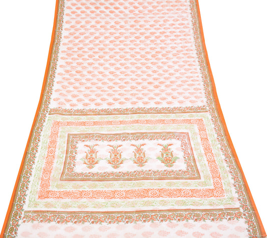 Sushila Vintage Hand Block Scrap Saree Pure Cotton Printed White Sari Fabric