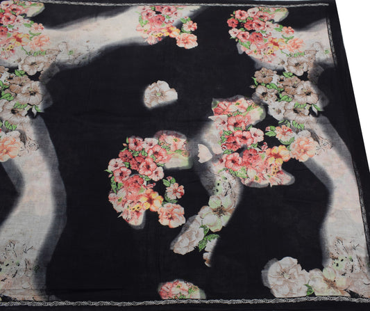 Sushila Vintage Black Scrap Saree Pure Cotton Digital Printed Sari Craft Fabric