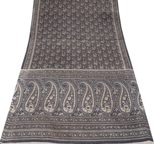 Sushila Vintage Gray Scrap Saree Pure Cotton Paisley Printed Sari Craft Fabric