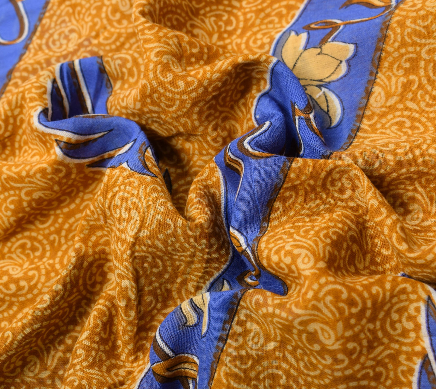 Sushila Vintage Mustard Scrap Saree Pure Cotton Printed Floral Soft Sari Fabric