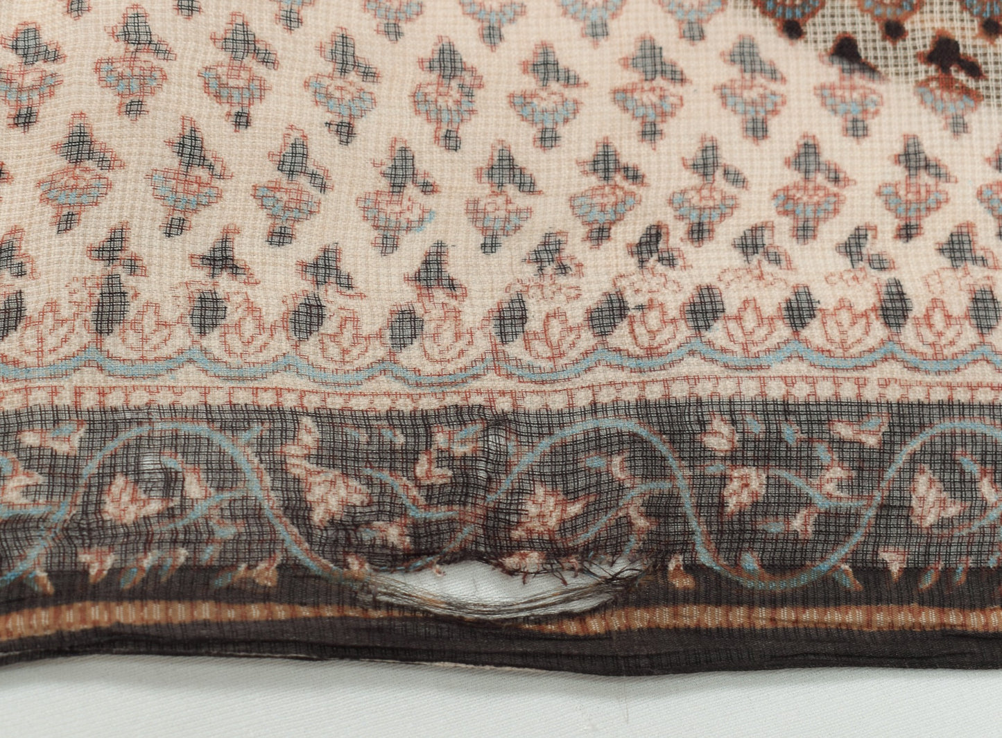 Sushila Vintage Cream Scrap Saree Pure Kota Doria Hand Block Printed Sari Fabric