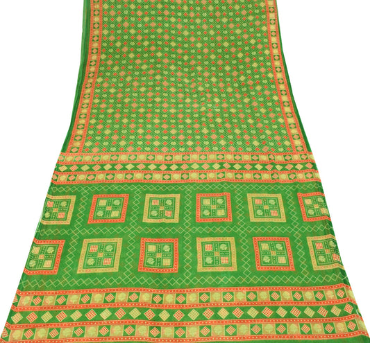 Sushila Vintage Green Scrap Saree Pure Cotton Printed Geometrical Sari Fabric
