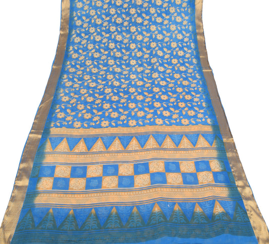 Sushila Vintage Floral Blue Scrap Saree Pure Cotton Printed Soft Sari Fabric