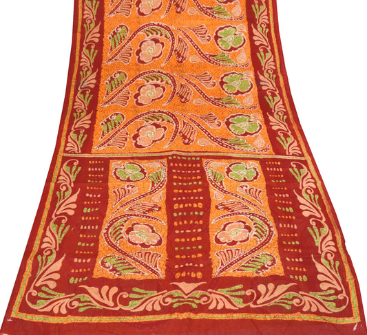 Sushila Vintage Red Orange Scrap Saree Pure Cotton Batik Printed 5YD Sari Fabric