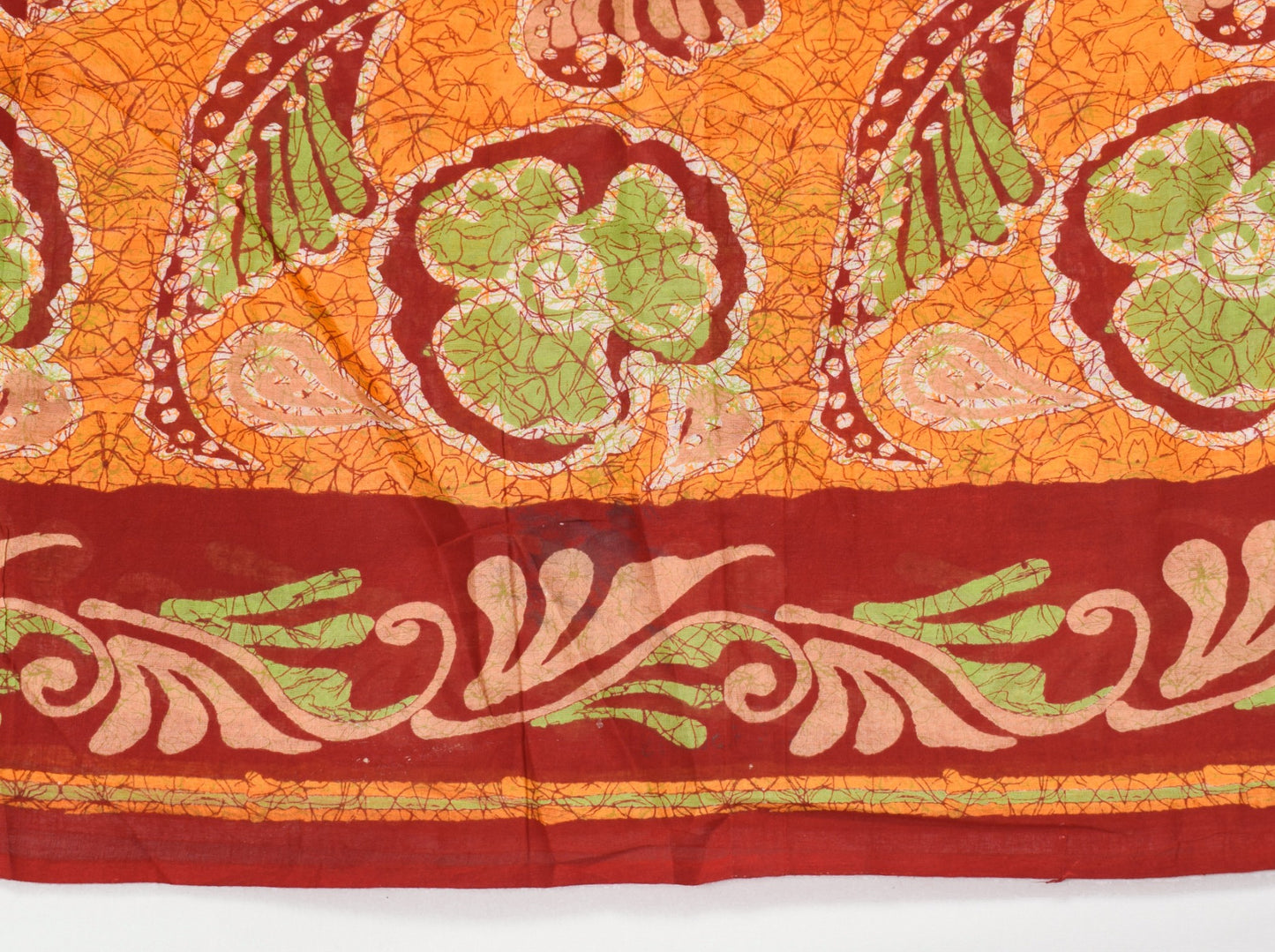 Sushila Vintage Red Orange Scrap Saree Pure Cotton Batik Printed 5YD Sari Fabric