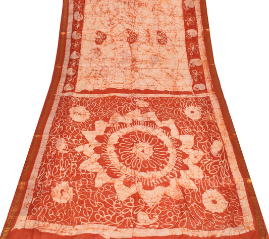 Sushila Vintage Rust Scrap Saree Pure Silk Batik Printed Remnant Sari 5YD Fabric