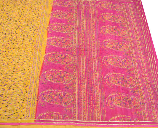 Sushila Vintage Yellow Pink Scrap Saree Pure Silk Printed Remnant Sari Fabric