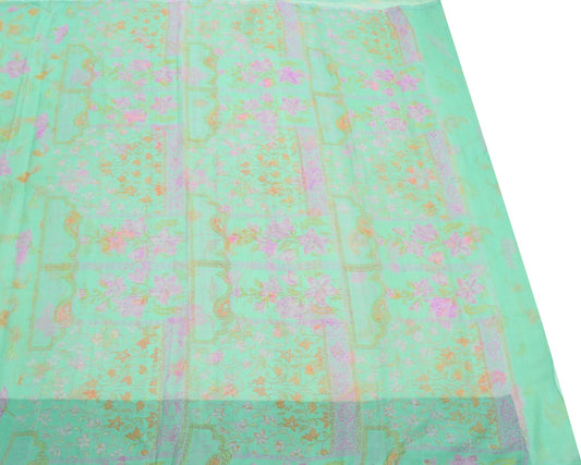 Sushila Vintage Green Scrap Saree Pure Chiffon Printed Floral Remnant Fabric