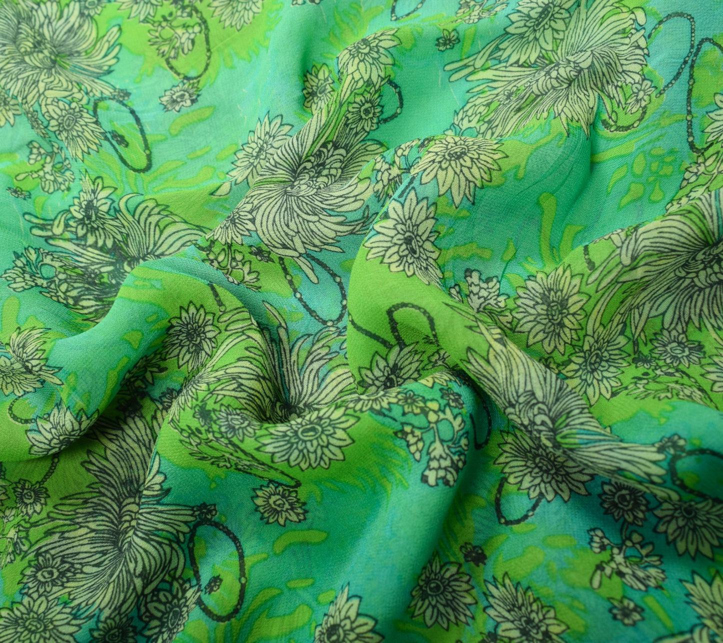 Sushila Vintage Green Scrap Saree Pure Georgette Printed Remnant Sari Fabric
