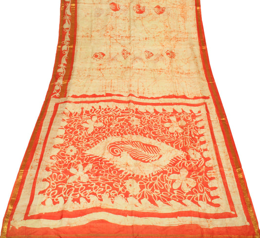 Sushila Vintage Cream Scrap Saree Pure Silk Printed Batik Remnant Sari Fabric