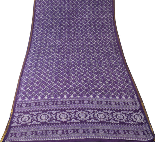 Sushila Vintage Purple Scrap Saree Geometric Pure Cotton Printed Sari Fabric