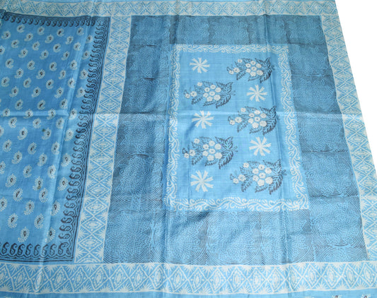 Sushila Vintage Turquoise Blue Scrap Saree Pure Silk Printed Sari Fabric