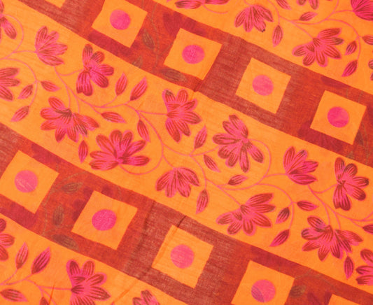 Sushila Vintage Orange Scrap Saree Pure Cotton Printed Floral Sari Craft Fabric