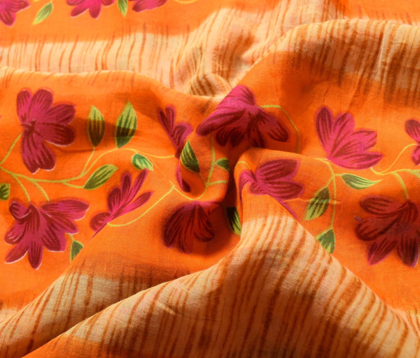 Sushila Vintage Orange Scrap Saree Pure Cotton Printed Floral Sari Craft Fabric