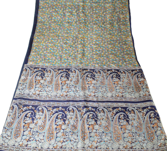 Sushila Vintage Floral Yellow Scrap Saree Pure Silk Printed Sari 5YDCraft Fabric