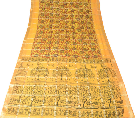 Sushila Vintage Kalamkari Printed Scrap Saree Pure Cotton Yellow Sari Fabric