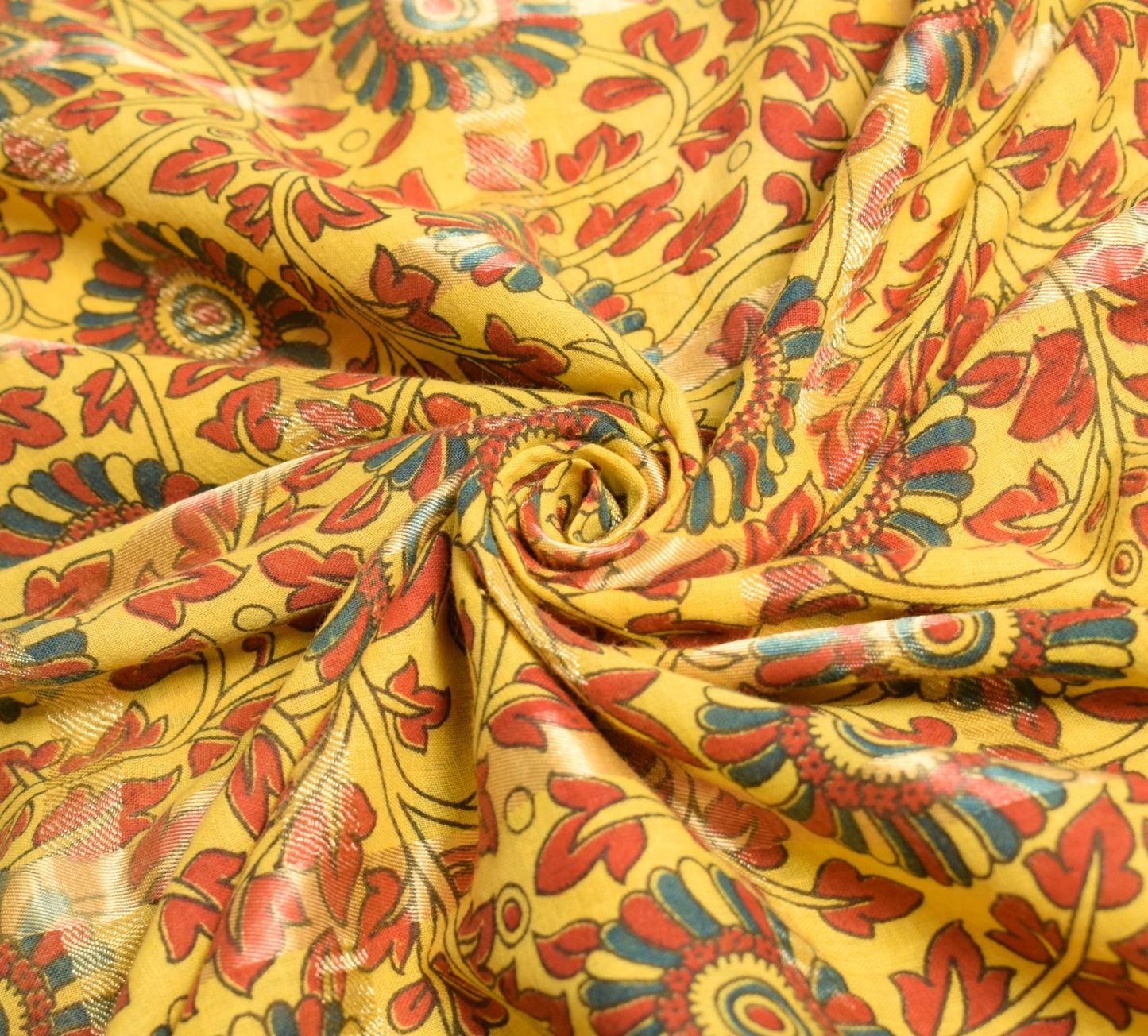 Sushila Vintage Kalamkari Printed Scrap Saree Pure Cotton Yellow Sari Fabric