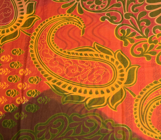 Sushila Vintage Orange Green Scrap Saree Pure Cotton Printed Floral Sari Fabric
