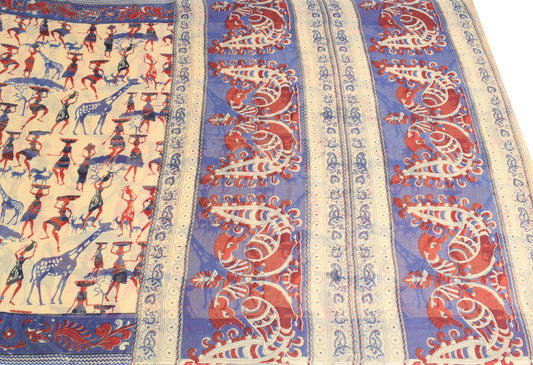 Sushila Vintage Kalamkari Print Scrap Saree Pure Cotton Handmade 5Yd Sari Fabric