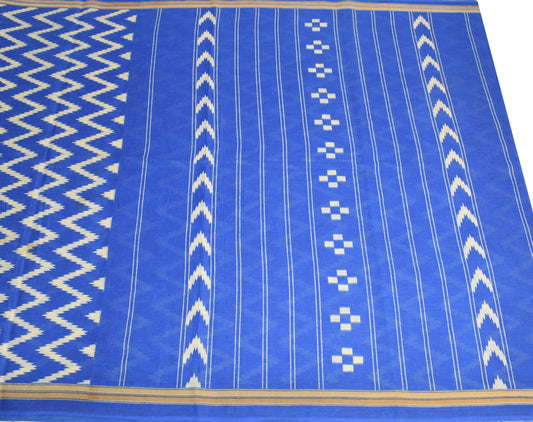 Sushila Vintage Blue Scrap Saree Pure Cotton Printed Zig-Zag Sari Remnant Fabric