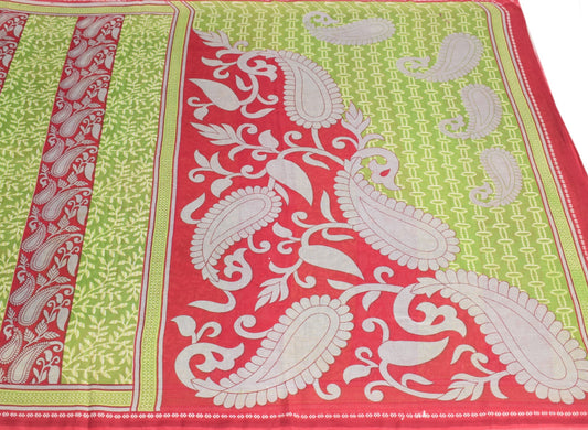 Sushila Vintage Green Maroon Scrap Saree Pure Silk Printed Floral Sari Fabric