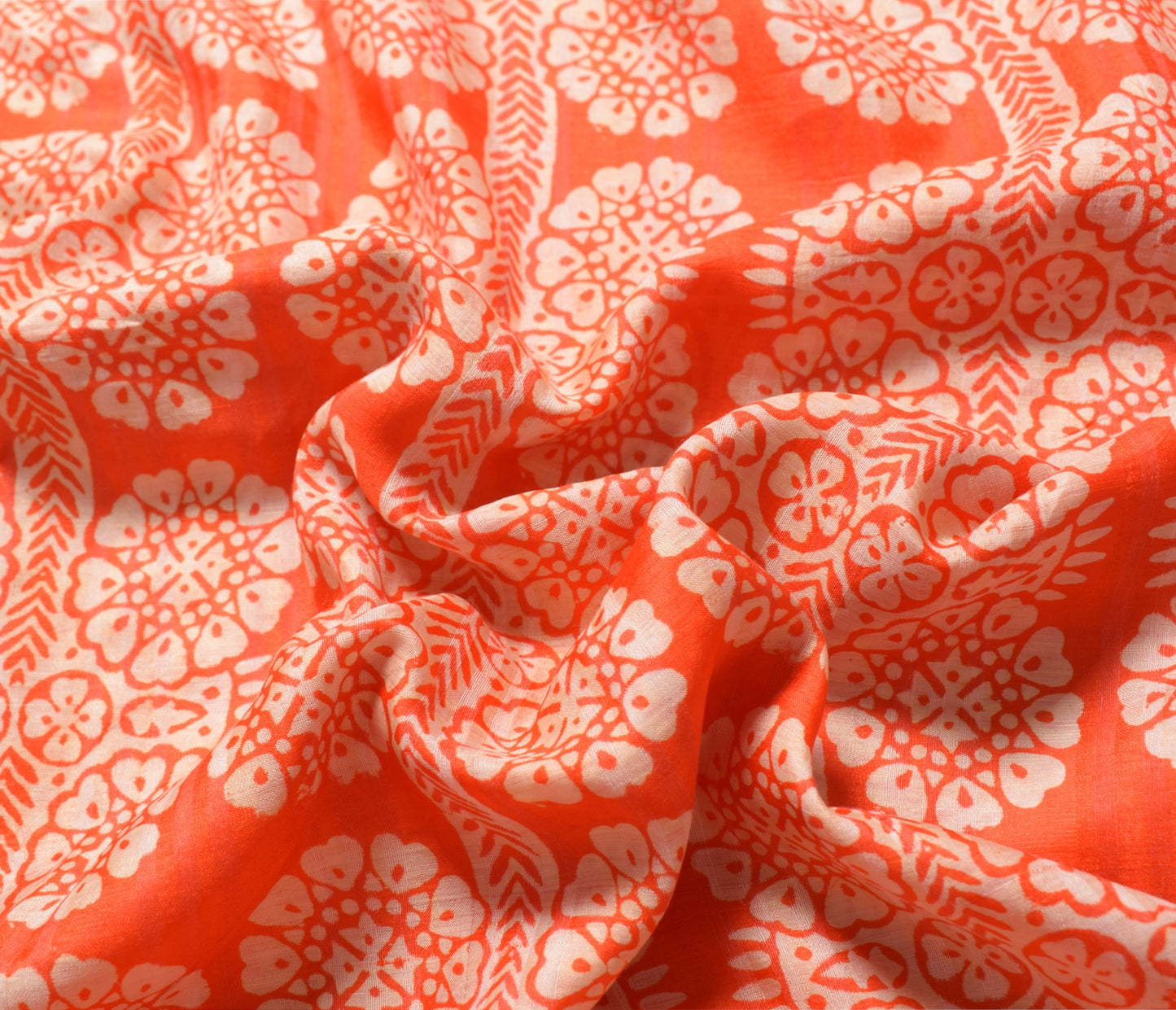 Sushila Vintage Orange Scrap Saree Pure Silk Printed Hand Block Sari CraftFabric