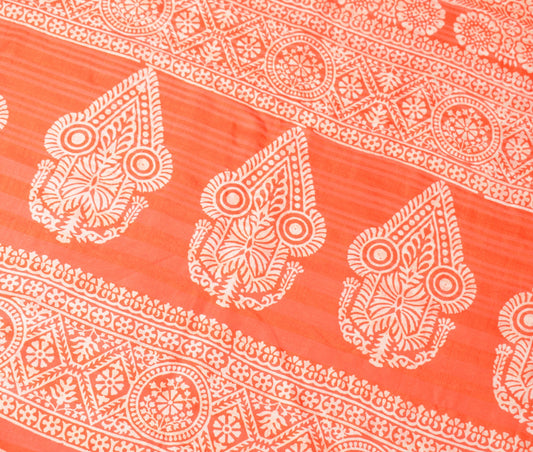 Sushila Vintage Orange Scrap Saree Pure Silk Printed Hand Block Sari CraftFabric