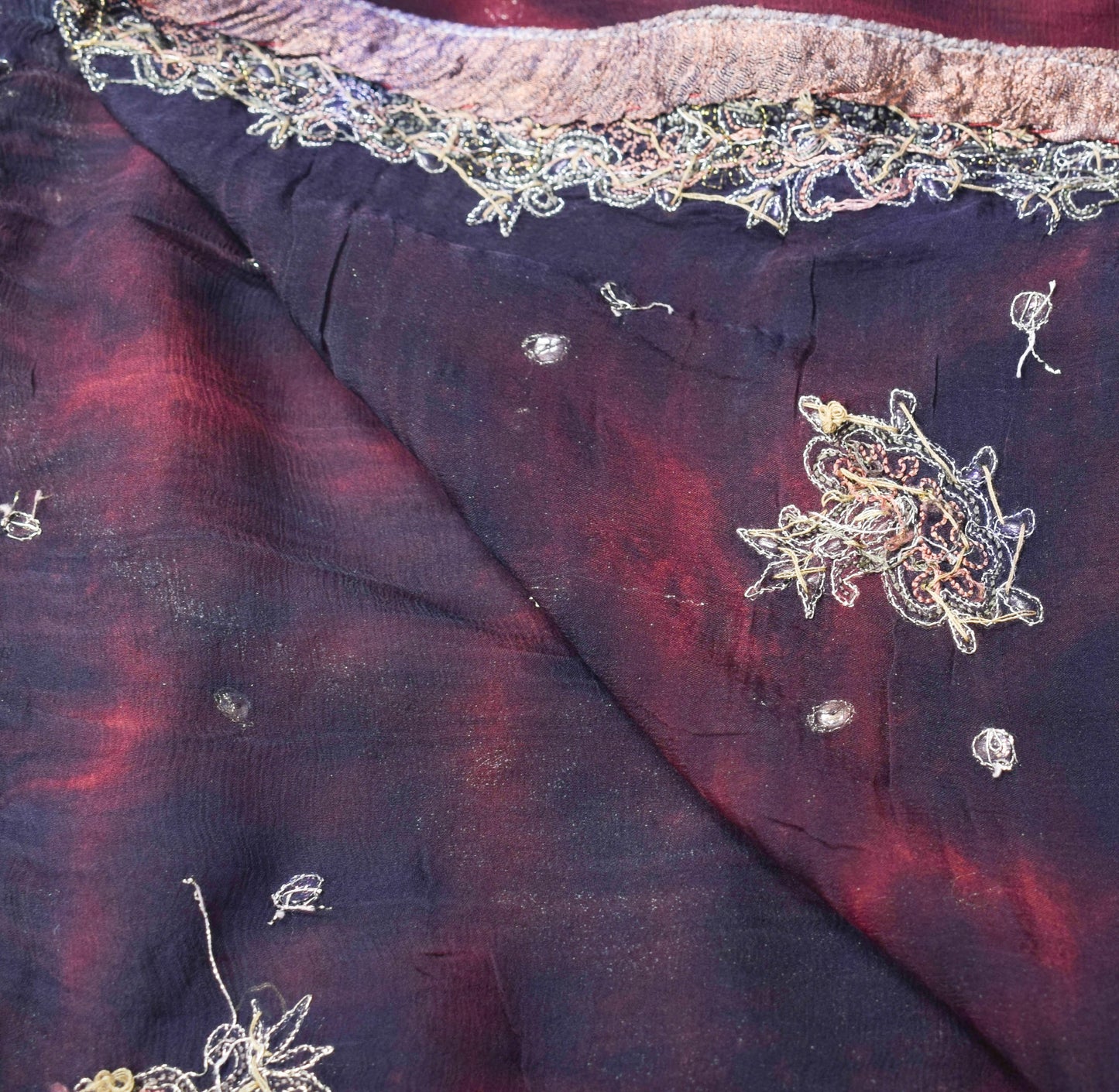 Sushila Vintage Maroon Tie-Dye Scrap Dupatta Embroidered Pure Chiffon Long Stole