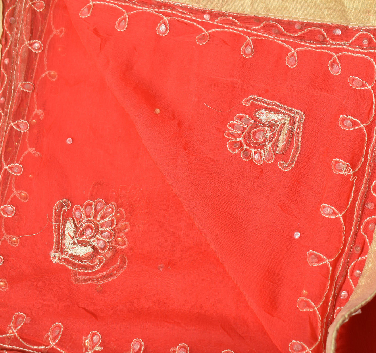 Sushila Vintage Chiffon Silk Scrap Dupatta Floral Embroidered Red Long Stole