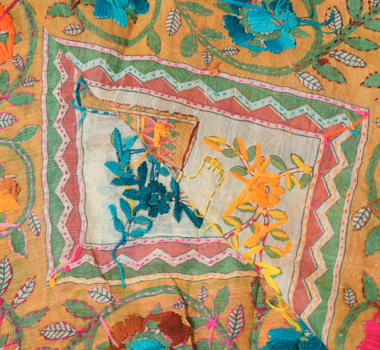 Sushila Vintage OOAK Scrap Dupatta Art Silk Handmade Phulkari Cream Long Stole