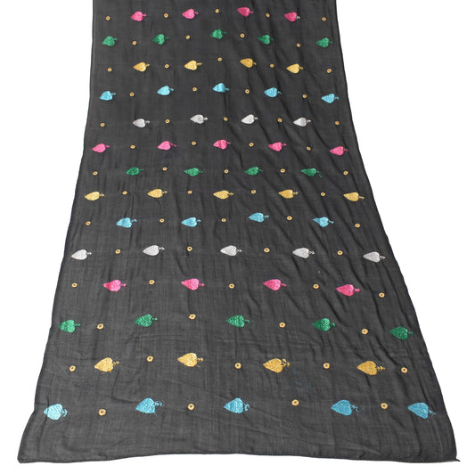 Sushila Vintage Black Scrap Dupatta Art Cotton Phulkari Embroidered Long Stole